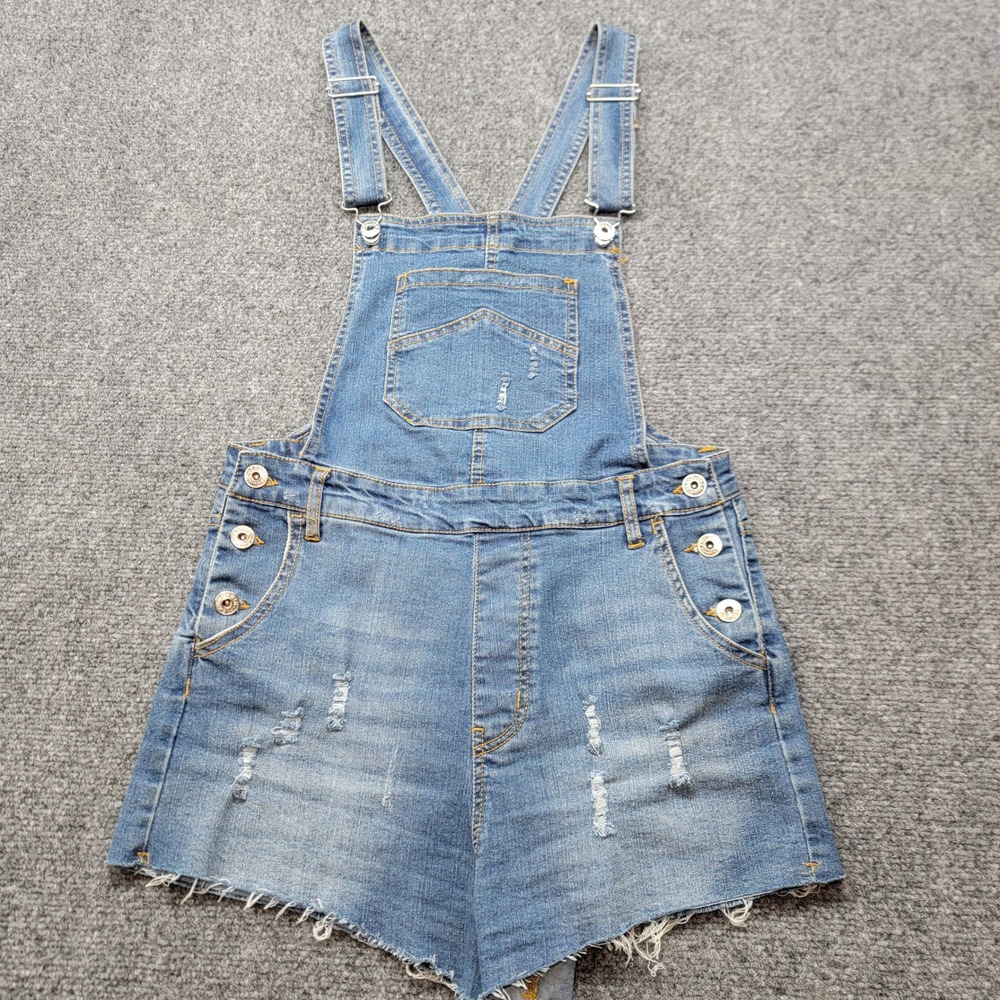 Love Tree Denim Distressed Shortalls Medium Wash Raw Hem Overalls 3408RK Size M